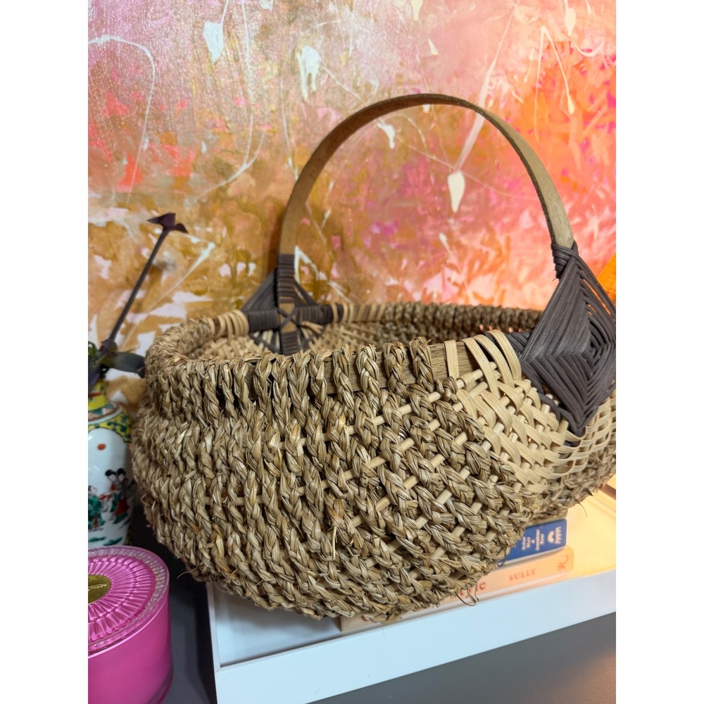 Handmade  Woven Seagrass Basket Women OS Tan Brown Boho Diamond Weave Handle - Picture 2 of 4